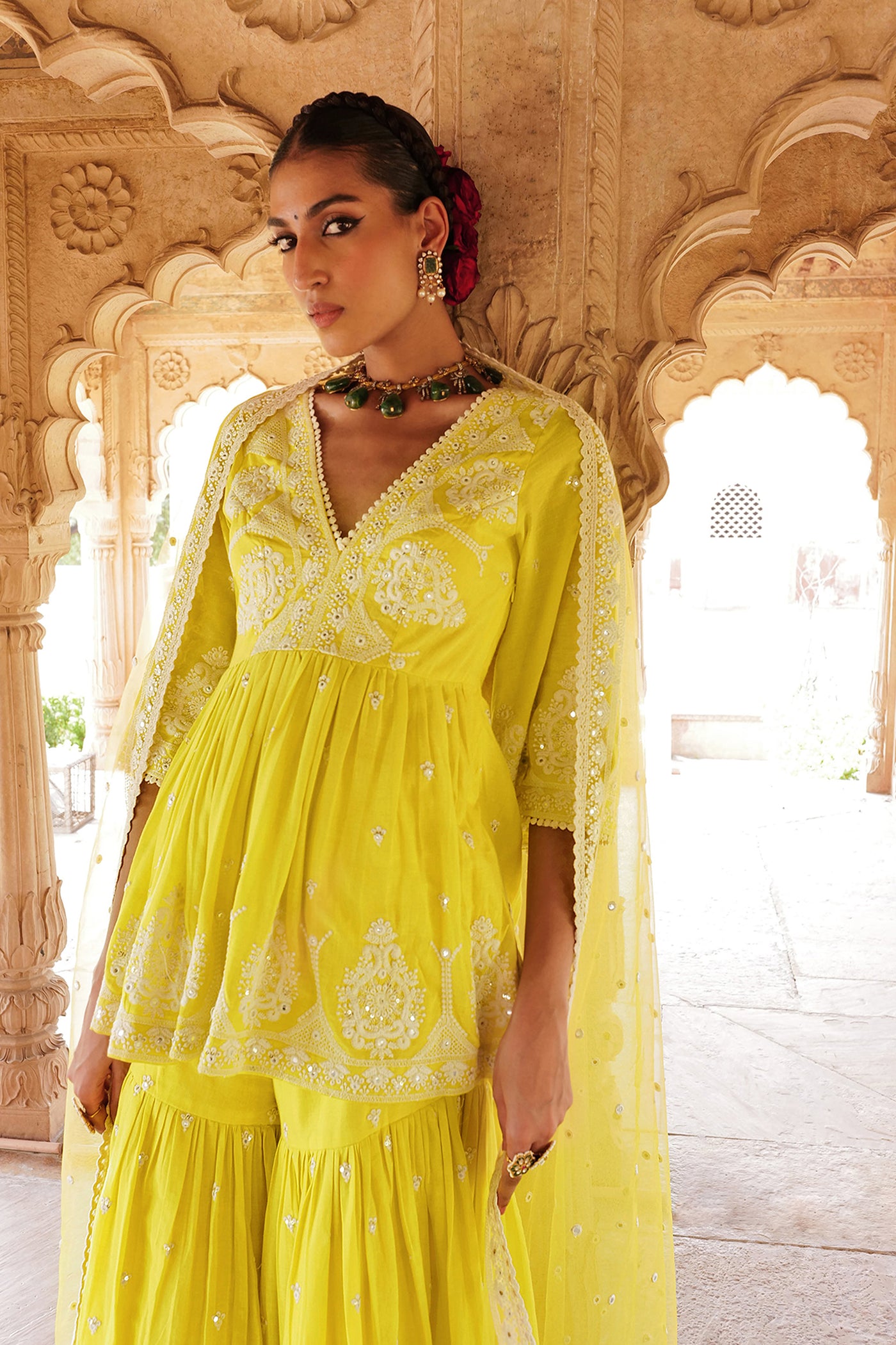 Neon Green All Over Embroidered Tower Peplum Sharara With Dupatta