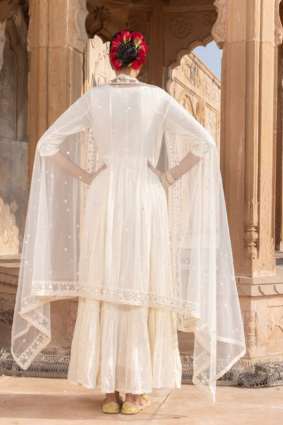 Preevin Off White Criss Cross Angrakha With Embroidered Dupatta indian designer wear online shopping melange singapore