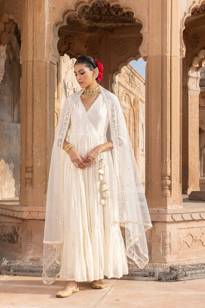 Preevin Off White Criss Cross Angrakha With Embroidered Dupatta indian designer wear online shopping melange singapore