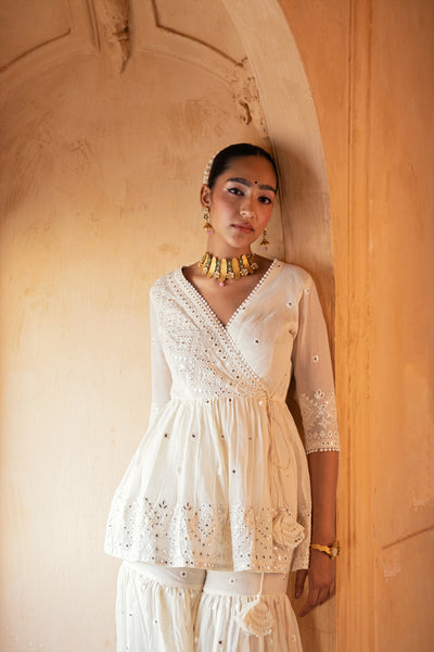 Preevin Off White Diamond Peplum Sharara indian designer wear online shopping melange singapore