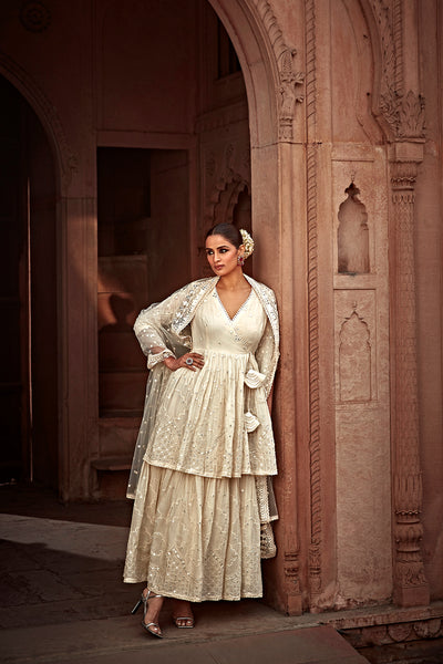 Preevin Off White Double Layer All Over Barfi Embroidered Angrakha indian designer wear online shopping melange singapore