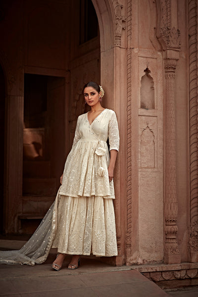Preevin Off White Double Layer All Over Barfi Embroidered Angrakha indian designer wear online shopping melange singapore