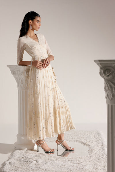 Preevin Off White Flower Angrakha with Embroidered Dupatta indian designer wear online shopping melange singapore