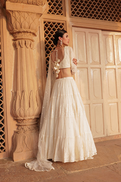 Preevin Off White Tower Lehenga With Embroidered Dupatta indian designer wear online shopping melange singapore