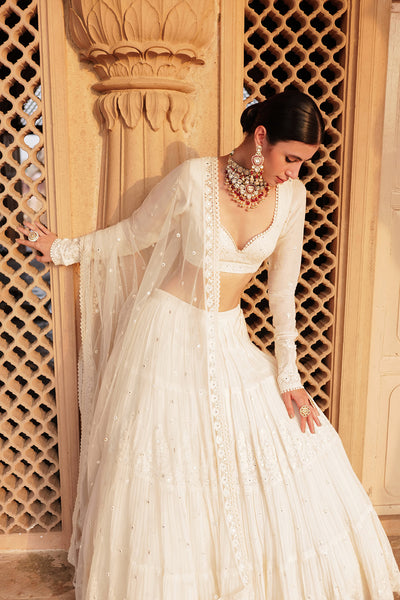 Preevin Off White Tower Lehenga With Embroidered Dupatta indian designer wear online shopping melange singapore