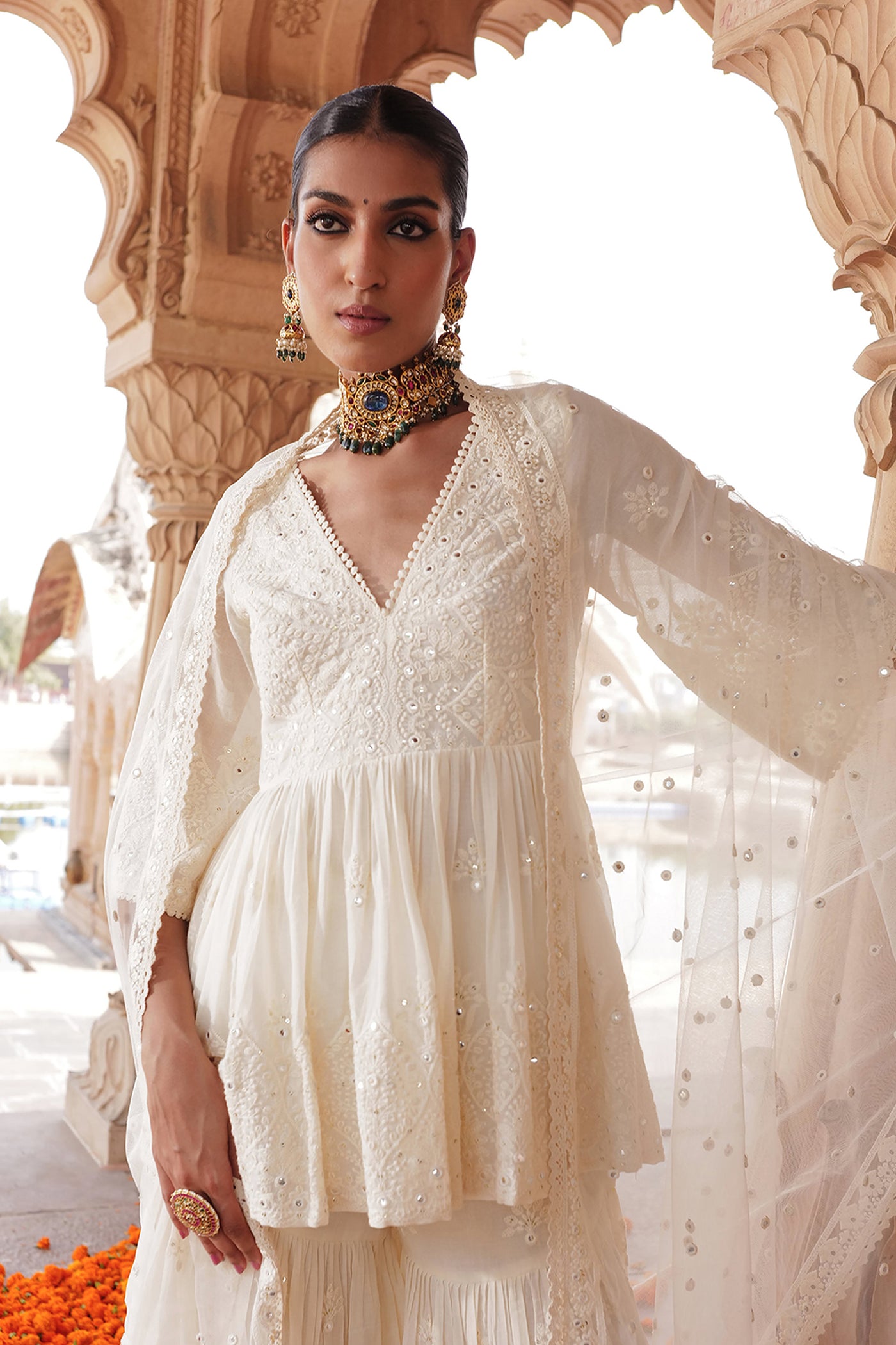 Preevin Off White All Over Ambi Embroidered Peplum Sharara With Dupatta indian designer wear online shopping melange singapore