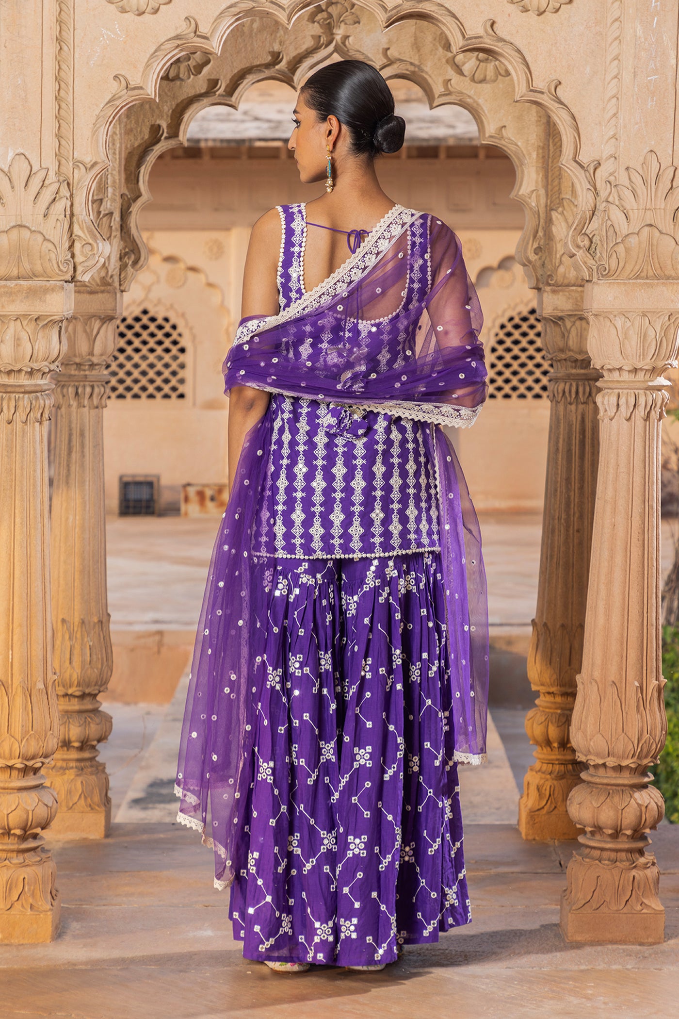 Preevin Purple Sk Bk All Over Embroidered Straight Sharara With Dupatta indian designer wear online shopping melange singapore