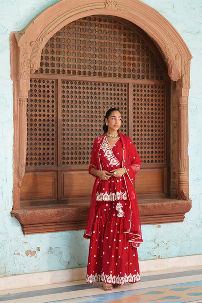 Preevin Red Temple Peplum Sharara indian designer wear online shopping melange singapore