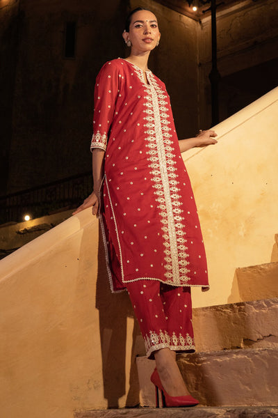 Preevin Red Triangle Kurta with Pants indian designer wear online shopping melange singapore