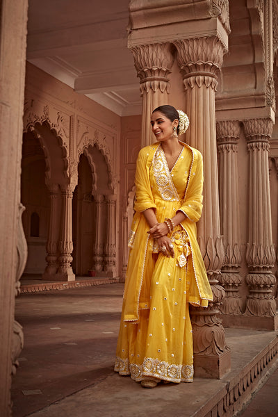 Preevin Yellow Circle Peplum Sharara indian designer wear online shopping melange singapore