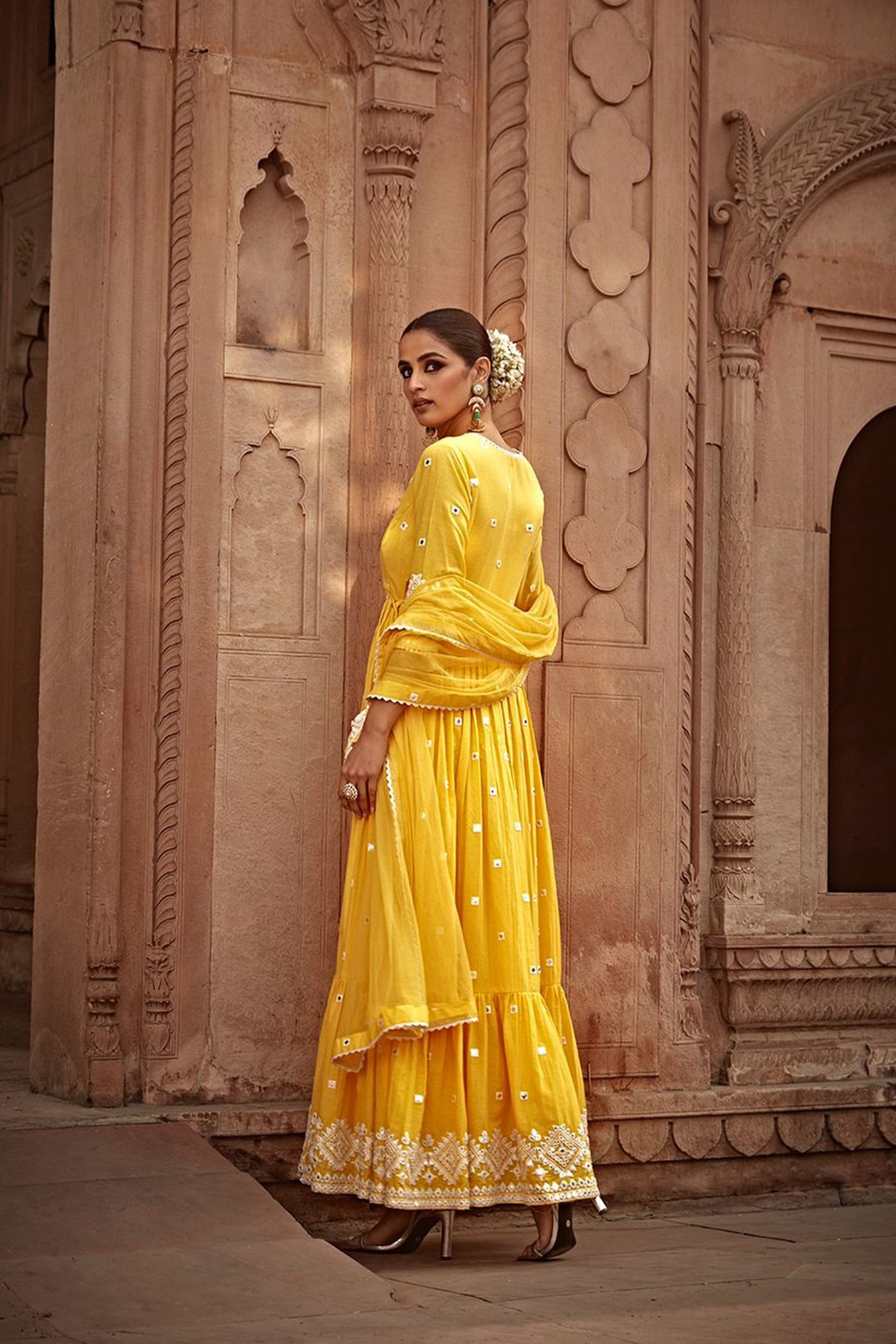Preevin Yellow Diamond Angrakha indian designer wear online shopping melange singapore