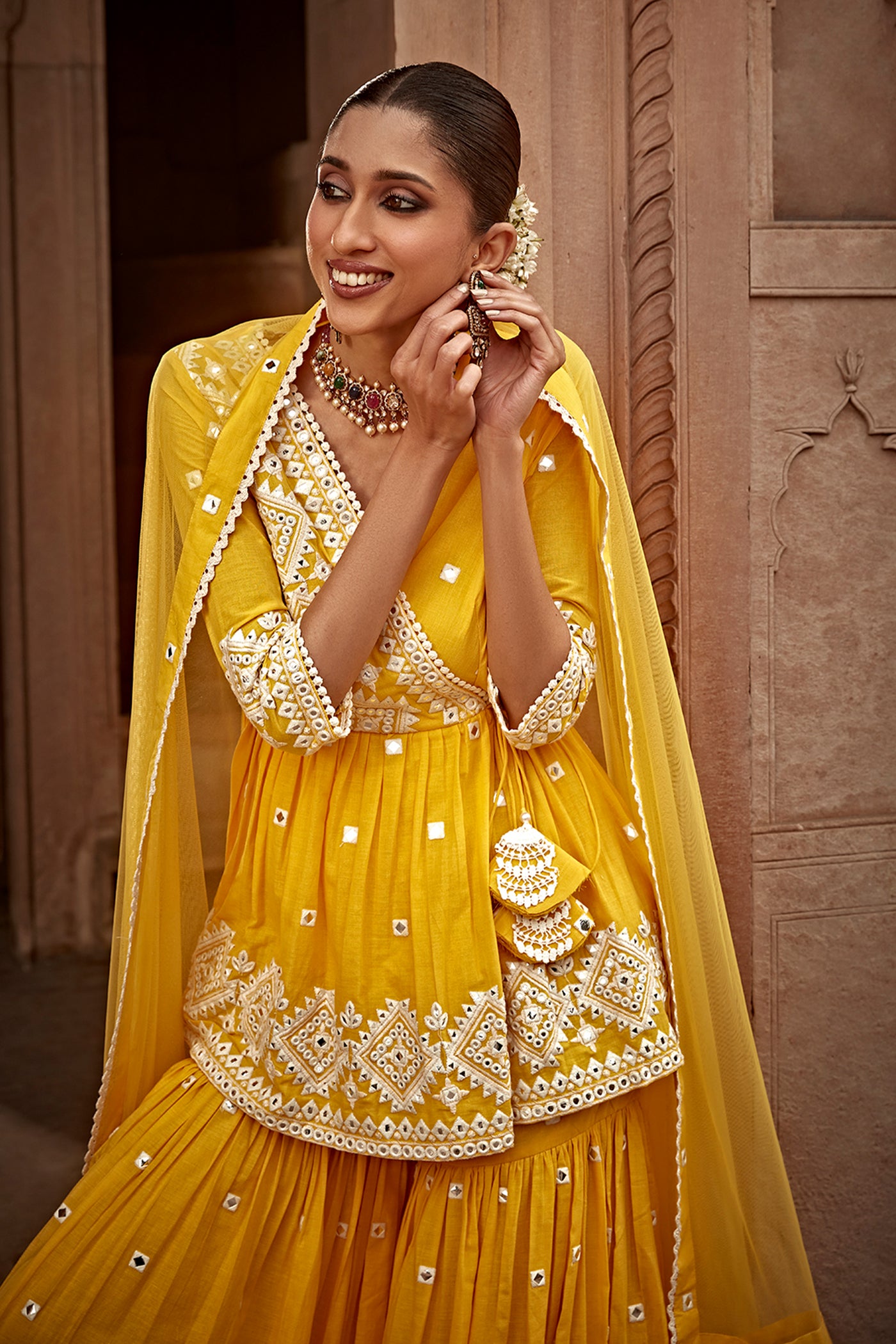 Preevin Yellow Diamond Peplum Sharara indian designer wear online shopping melange singapore