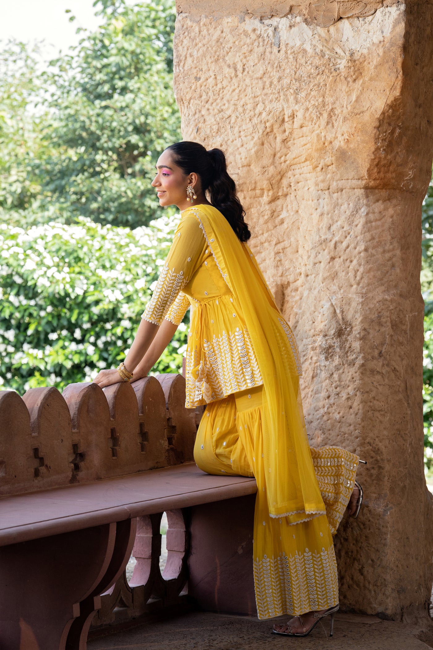 Preevin Yellow Leaf Peplum Sharara indian designer wear online shopping melange singapore