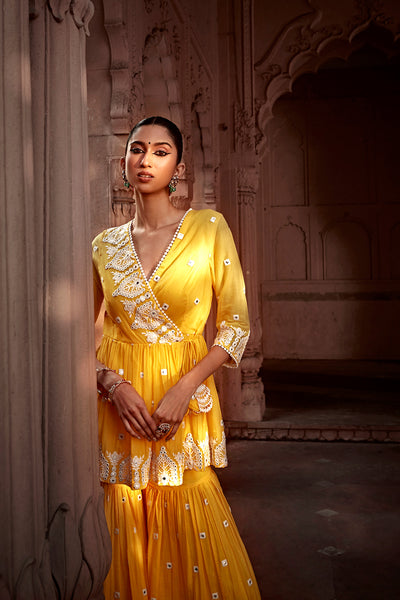 Preevin Yellow Temple Peplum Sharara indian designer wear online shopping melange singapore
