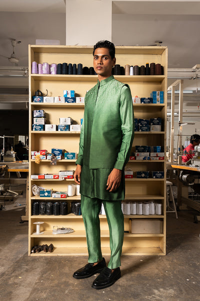 Project Bandi Green Yaara Open Bandi With Matching Kurta Pajama Set indian designer wear online shopping melange singapore