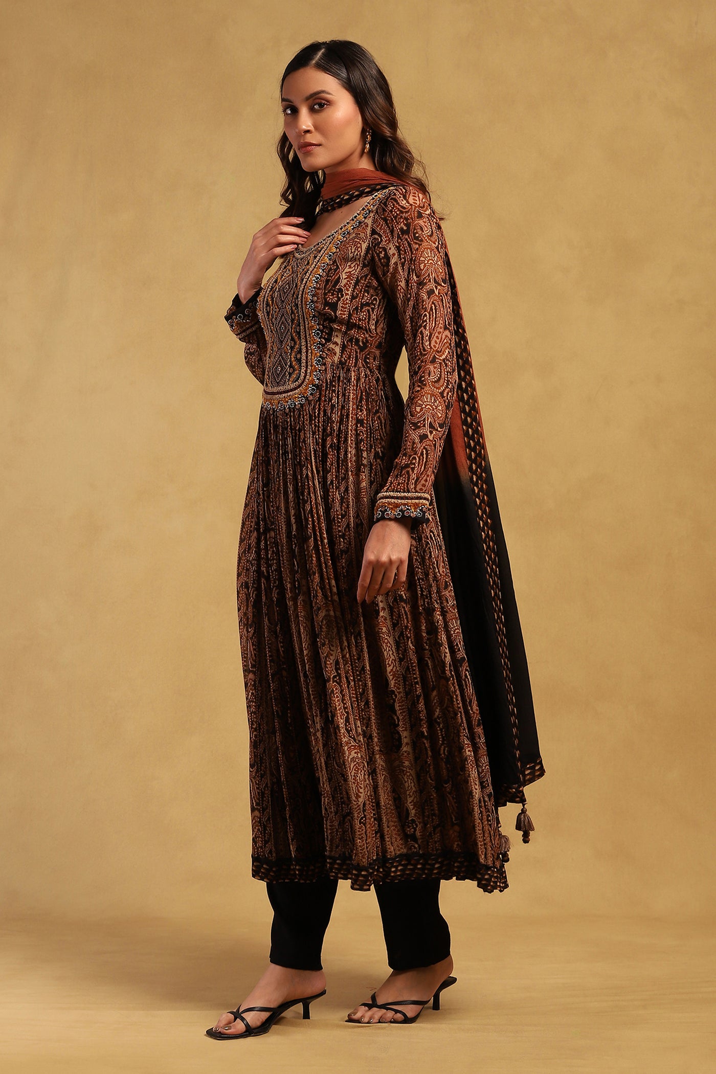 Black Meraki Border Kurta With Churidar And Dupatta