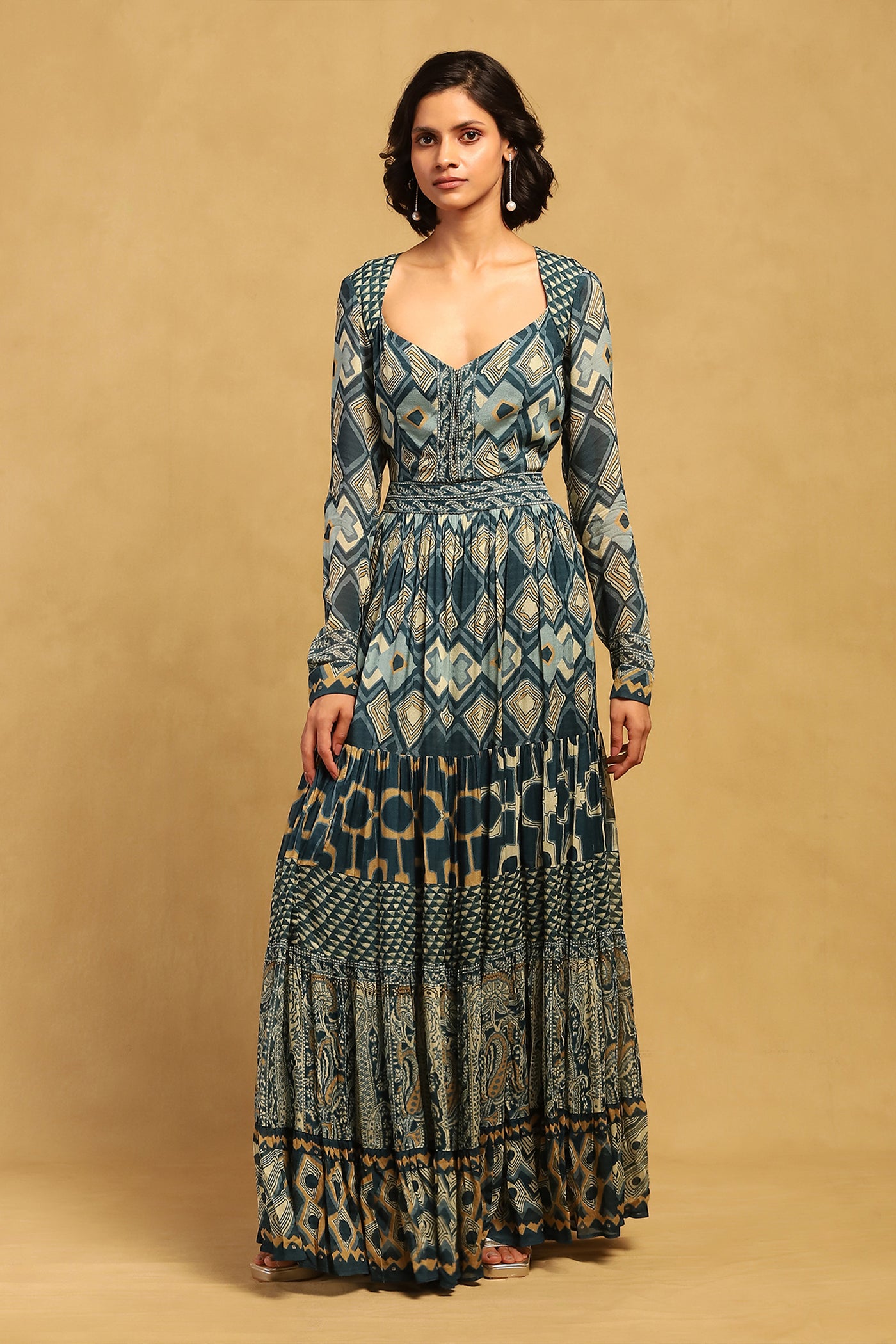 Ritu Kumar Blue Meraki Border Maxi Dress indian designer wear online shopping melange singapore