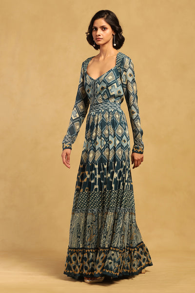 Ritu Kumar Blue Meraki Border Maxi Dress indian designer wear online shopping melange singapore