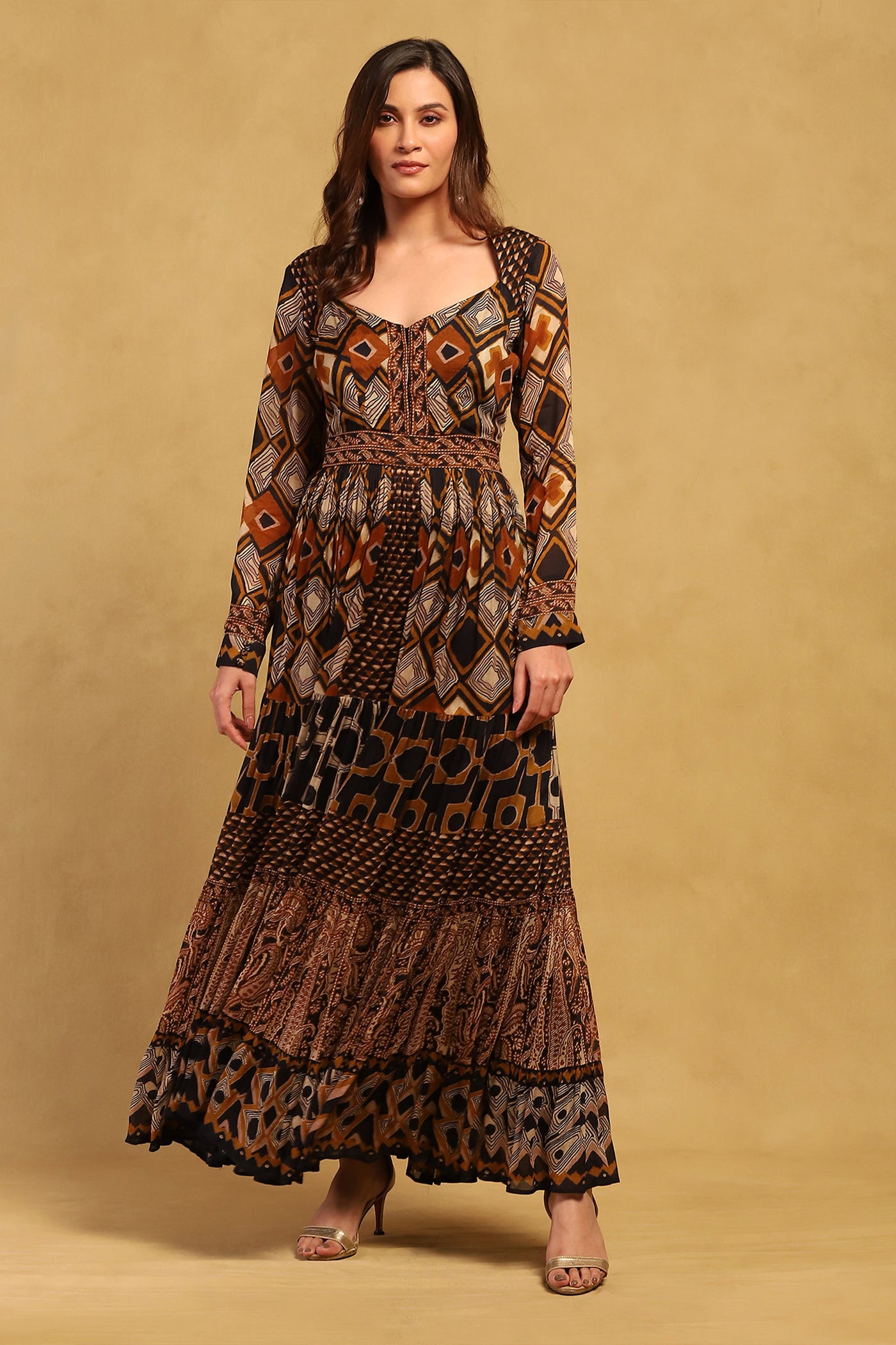 Ritu Kumar Brown Meraki Border Maxi Dress indian designer wear online shopping melange singapore