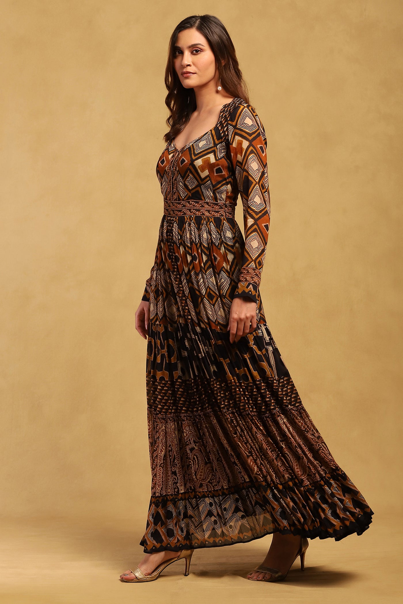 Ritu Kumar Brown Meraki Border Maxi Dress indian designer wear online shopping melange singapore