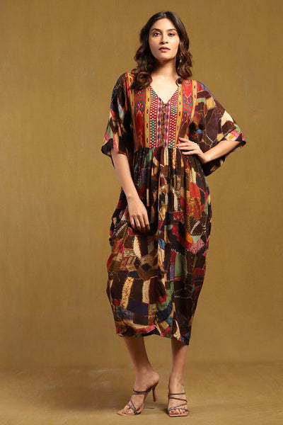 Ritu Kumar Brown Velvet Patchwork Kaftan Dress indian designer wear online shopping melange singapore