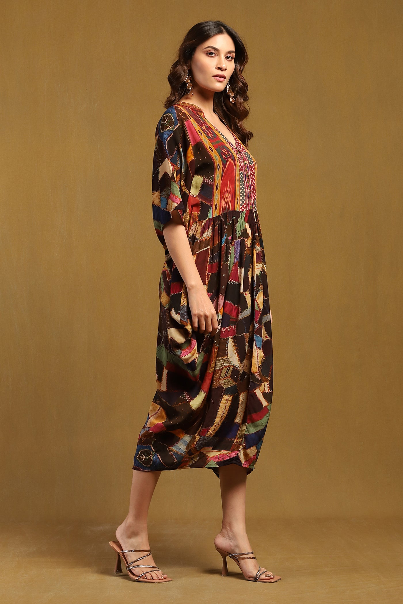 Ritu Kumar Brown Velvet Patchwork Kaftan Dress indian designer wear online shopping melange singapore