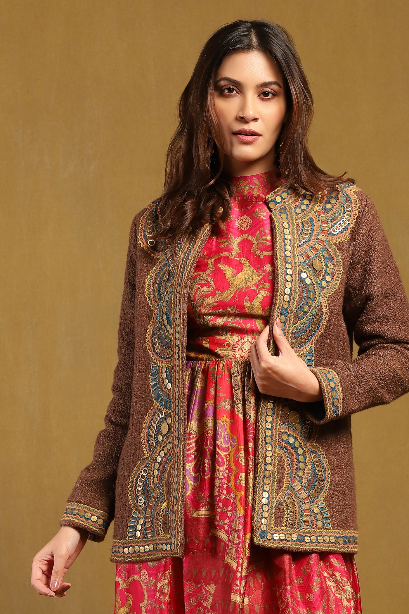 Ritu Kumar Brown Yale Jacket indian designer wear online shopping melange singapore
