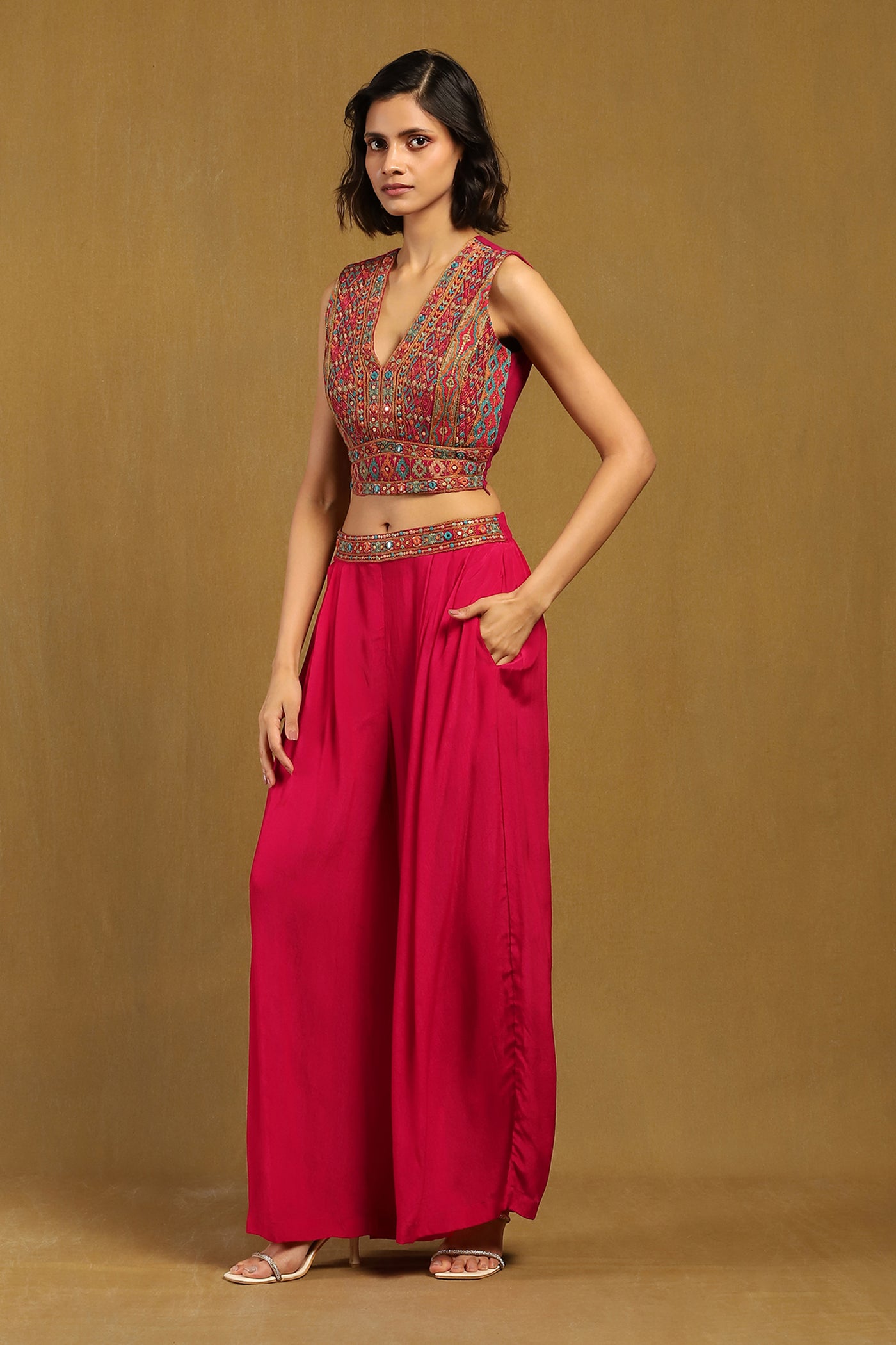 Ritu Kumar Pink Prishan Shrug With Pant And Bustier Co-Ord Set indian designer wear online shopping melange singapore