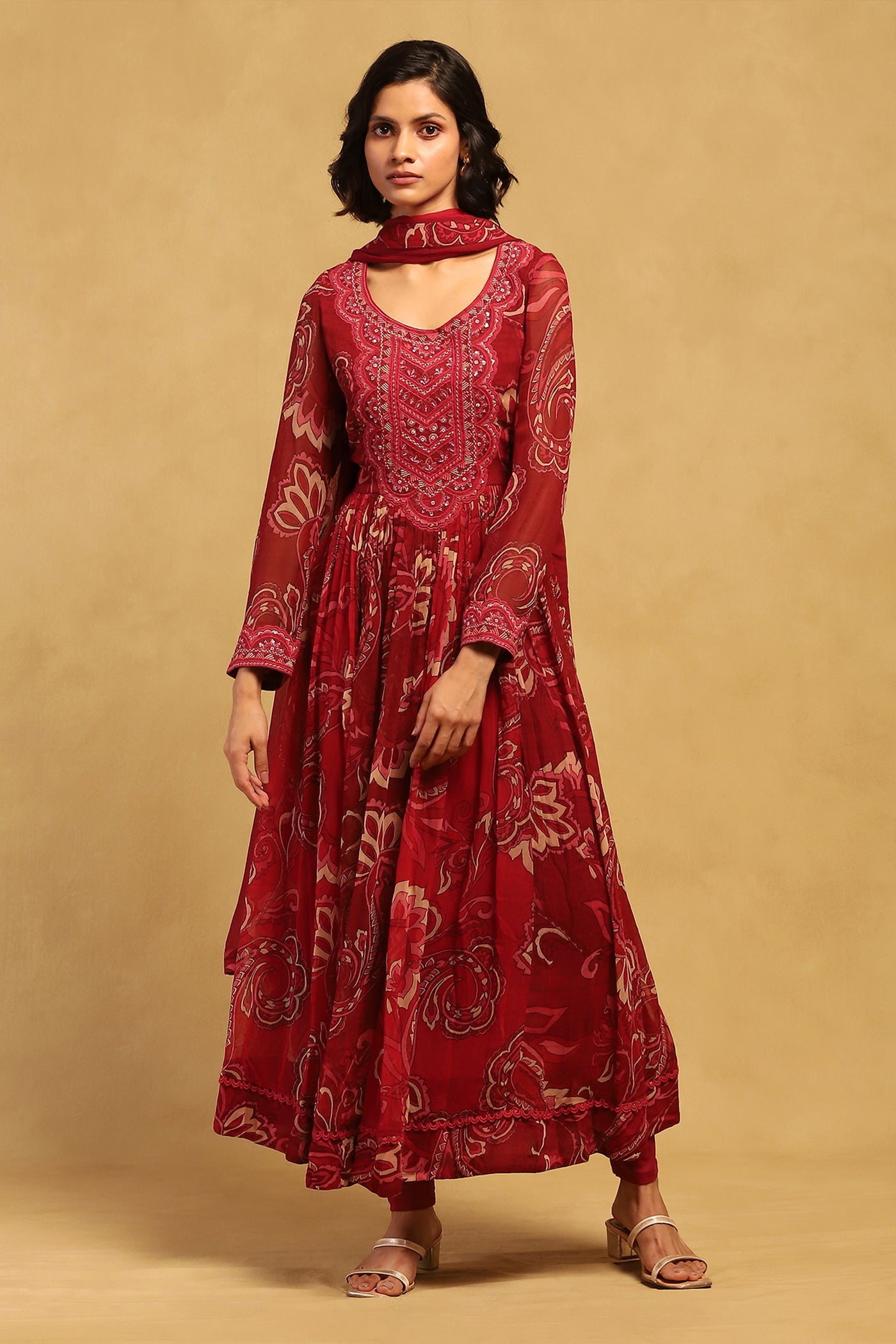 Ritu Kumar Red Fatema Kurta With Churidar And Dupatta indian designer wear online shopping melange singapore
