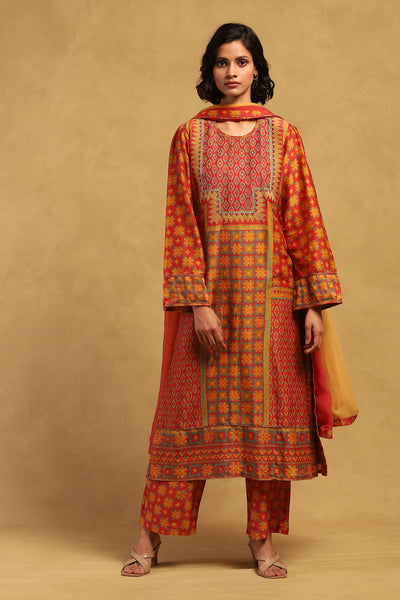 Ritu Kumar Red Phulkari Kurta With Palazzo And Dupatta indian designer wear online shopping melange singapore