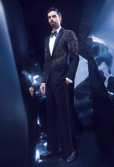 Rohit Gandhi Rahul Khanna Black Tuxedo indian designer wear online shopping melange singapore