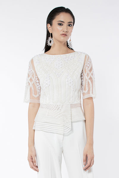 Rohit Gandhi Rahul Khanna Off White Embroidered Peplum Top indian designer wear online shopping melange singapore