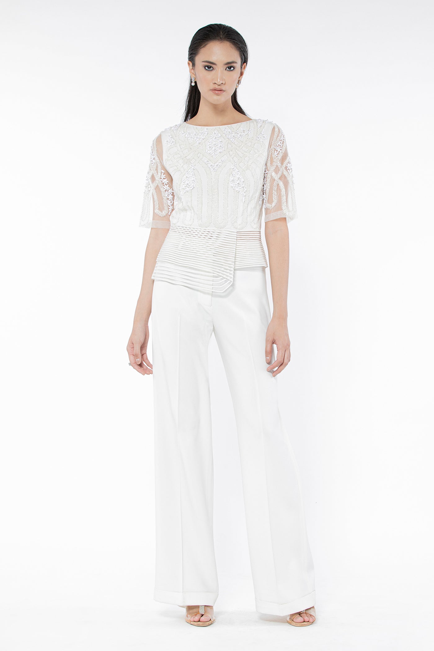 Rohit Gandhi Rahul Khanna Off White Embroidered Peplum Top indian designer wear online shopping melange singapore