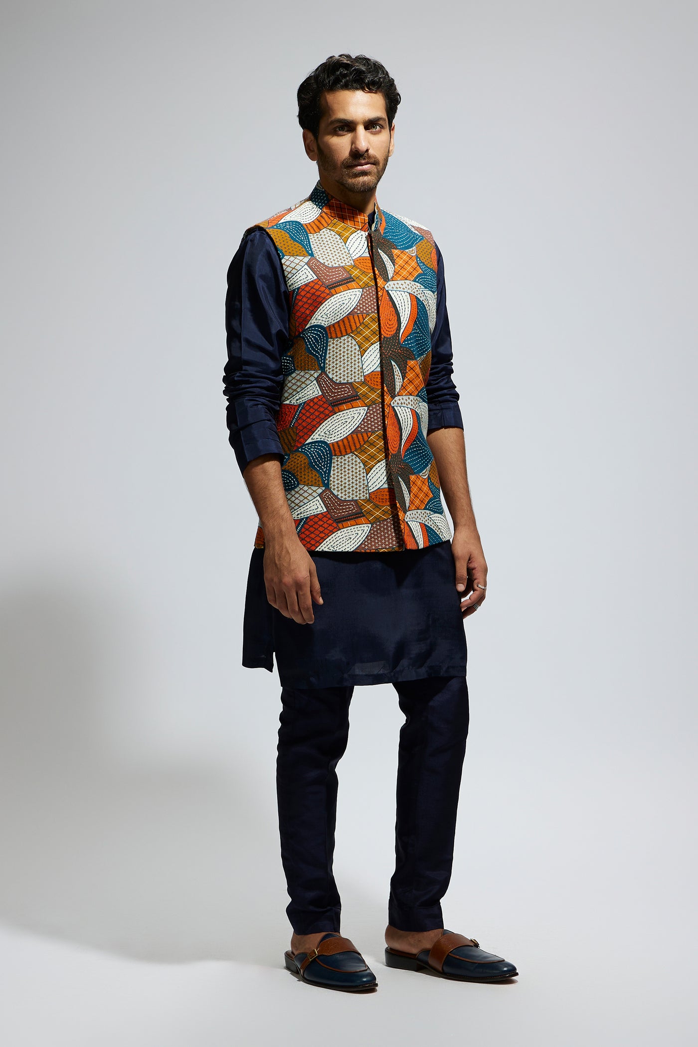 SVA Abstract Bundi Paired With Solid Blue Kurta And Pants indian designer wear online shopping melange singapore