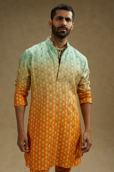 SVA Menswear Blue Orange Ombre Print Highlighted Kurta Set Online Shopping Melange Singapore Indian Designer Wear