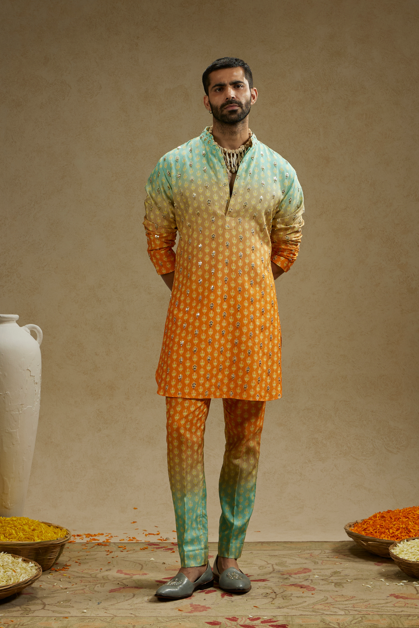 SVA Menswear Blue Orange Ombre Print Highlighted Kurta Set Online Shopping Melange Singapore Indian Designer Wear