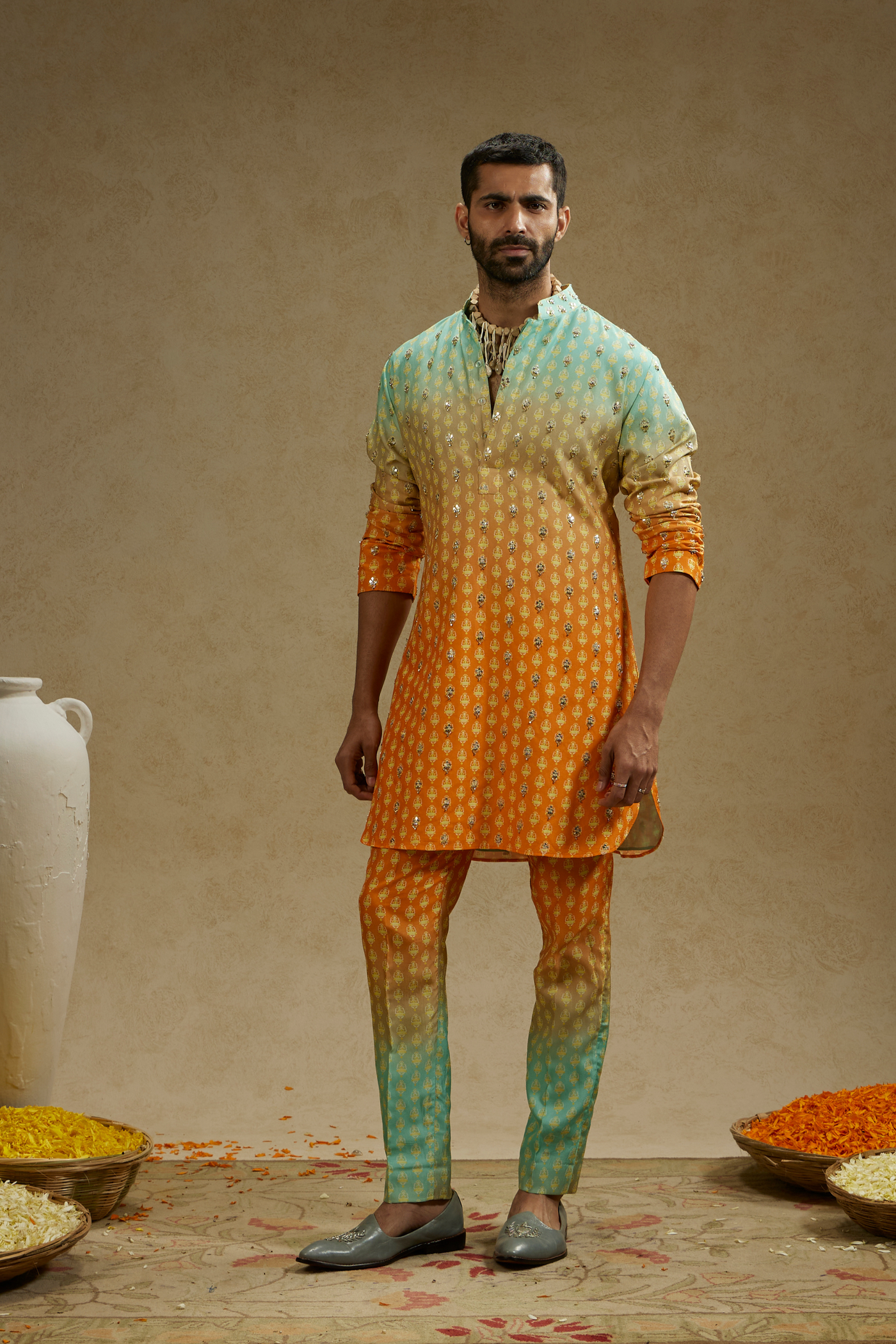 SVA Menswear Blue Orange Ombre Print Highlighted Kurta Set Online Shopping Melange Singapore Indian Designer Wear