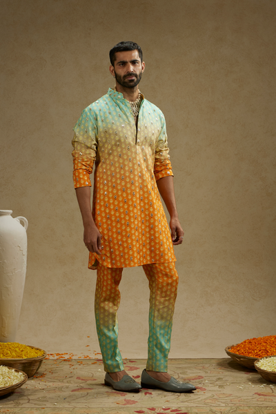 SVA Menswear Blue Orange Ombre Print Highlighted Kurta Set Online Shopping Melange Singapore Indian Designer Wear