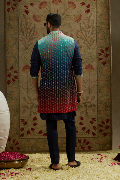 SVA Menswear Blue Red Ombre Embroidered Long Bundi Online Shopping Melange Singapore Indian Designer Wear