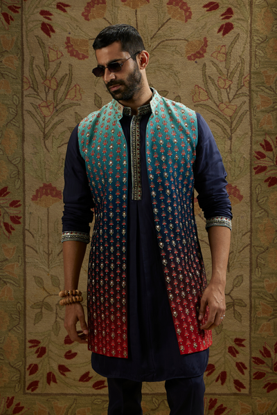 SVA Menswear Blue Red Ombre Embroidered Long Bundi Online Shopping Melange Singapore Indian Designer Wear