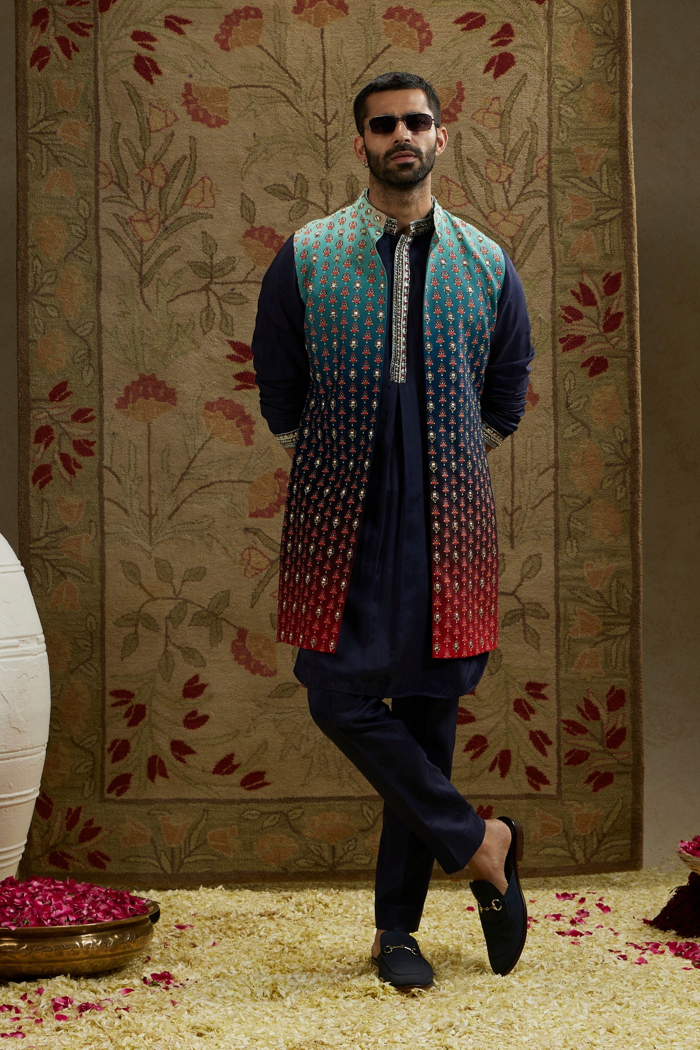 SVA Menswear Blue Red Ombre Embroidered Long Bundi Online Shopping Melange Singapore Indian Designer Wear