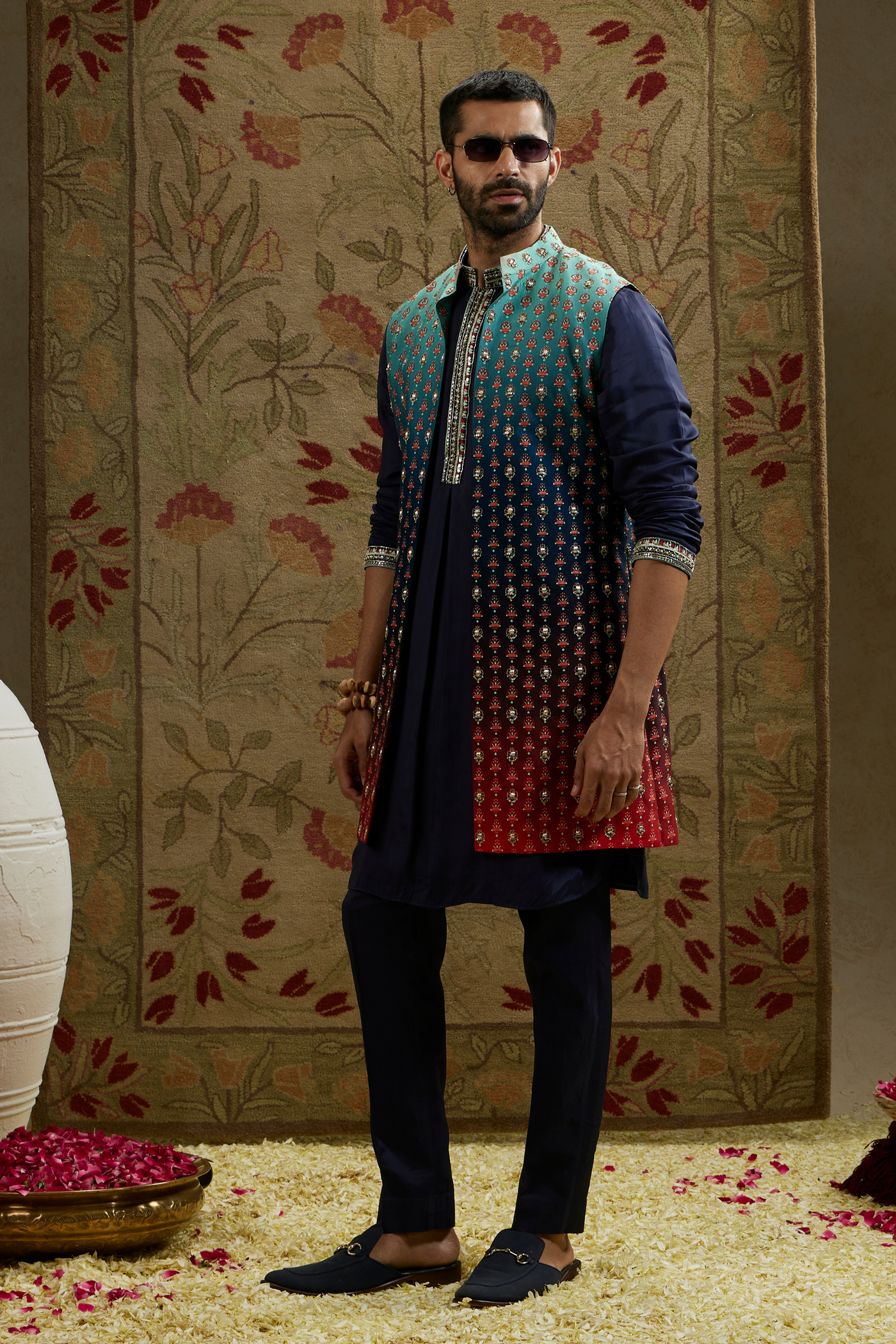 SVA Menswear Blue Red Ombre Embroidered Long Bundi Online Shopping Melange Singapore Indian Designer Wear