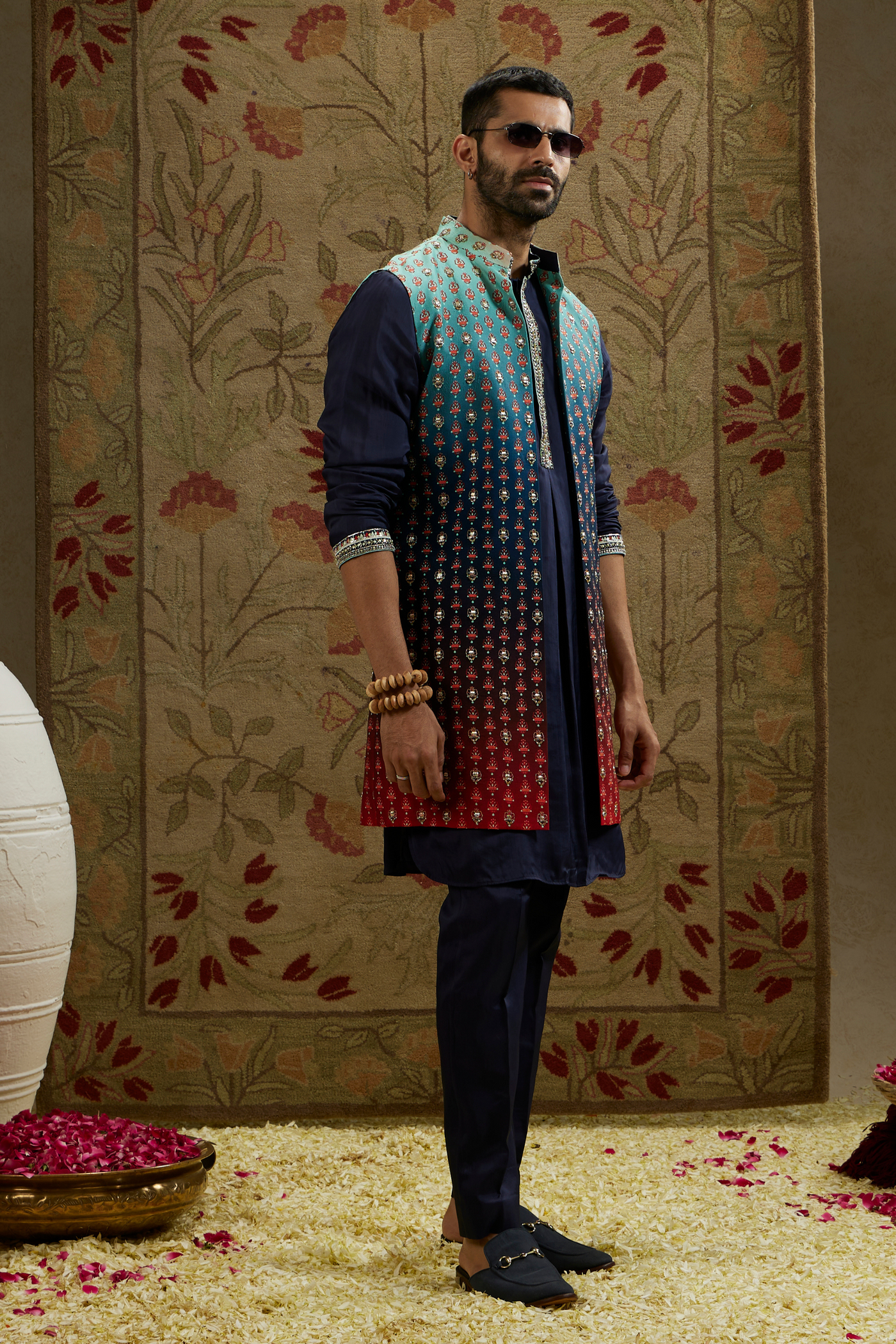 SVA Menswear Blue Red Ombre Embroidered Long Bundi Online Shopping Melange Singapore Indian Designer Wear