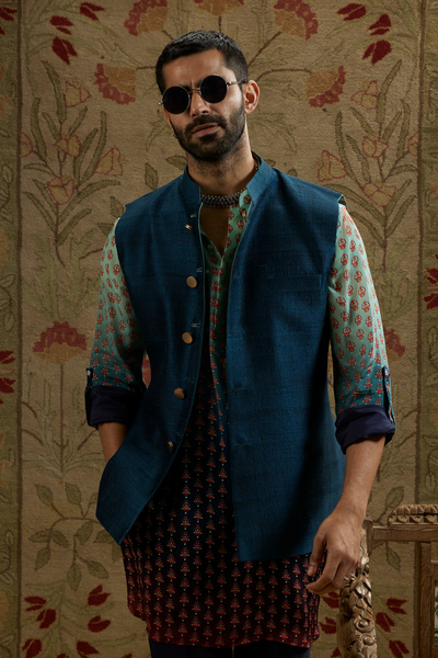 SVA Menswear Blue Red Ombre Printed Reversible Bundi Online Shopping Melange Singapore Indian Designer Wear