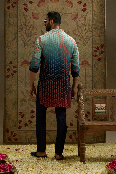 SVA Menswear Blue Red Ombre Print Rolled Up Sleeves Melange Singapore Onloine Shopping Indian Designer Wear