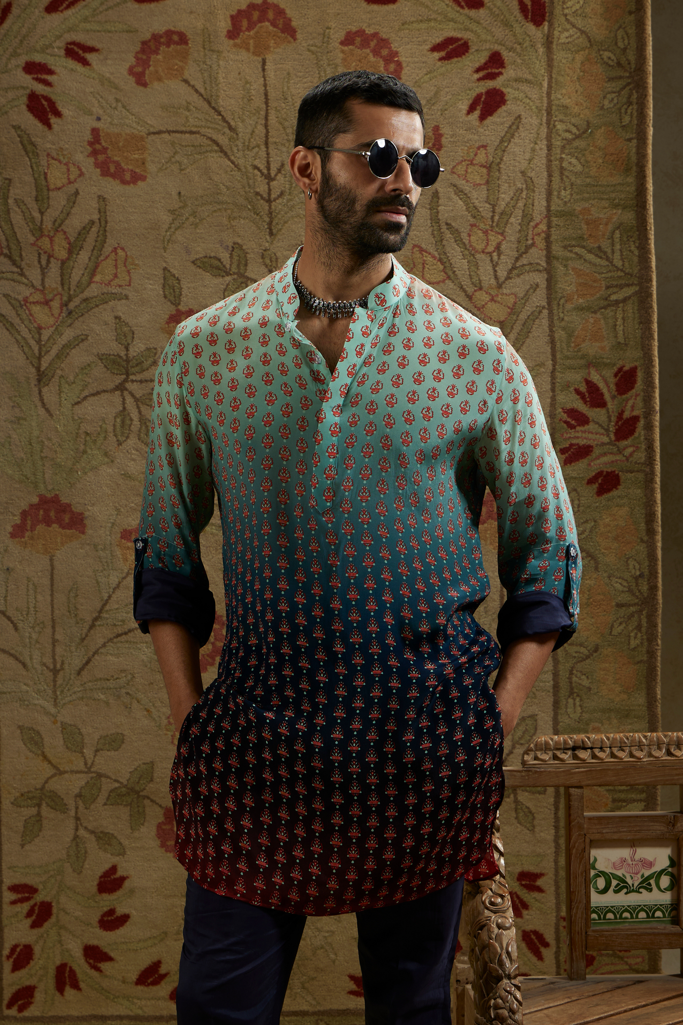 SVA Menswear Blue Red Ombre Print Rolled Up Sleeves Melange Singapore Onloine Shopping Indian Designer Wear