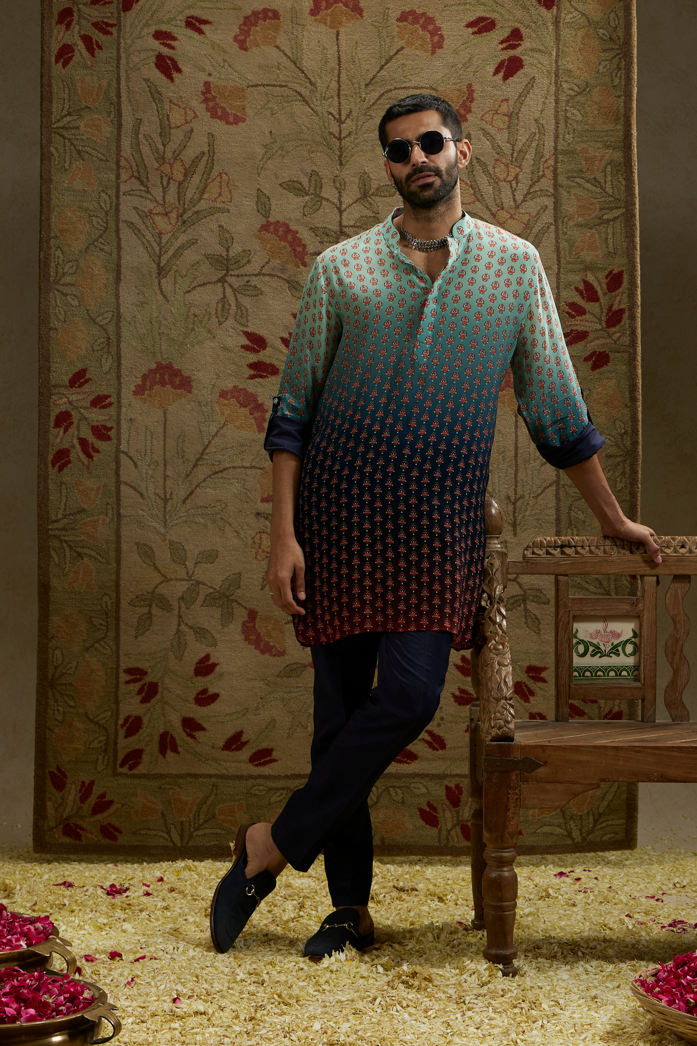 SVA Menswear Blue Red Ombre Print Rolled Up Sleeves Melange Singapore Onloine Shopping Indian Designer Wear