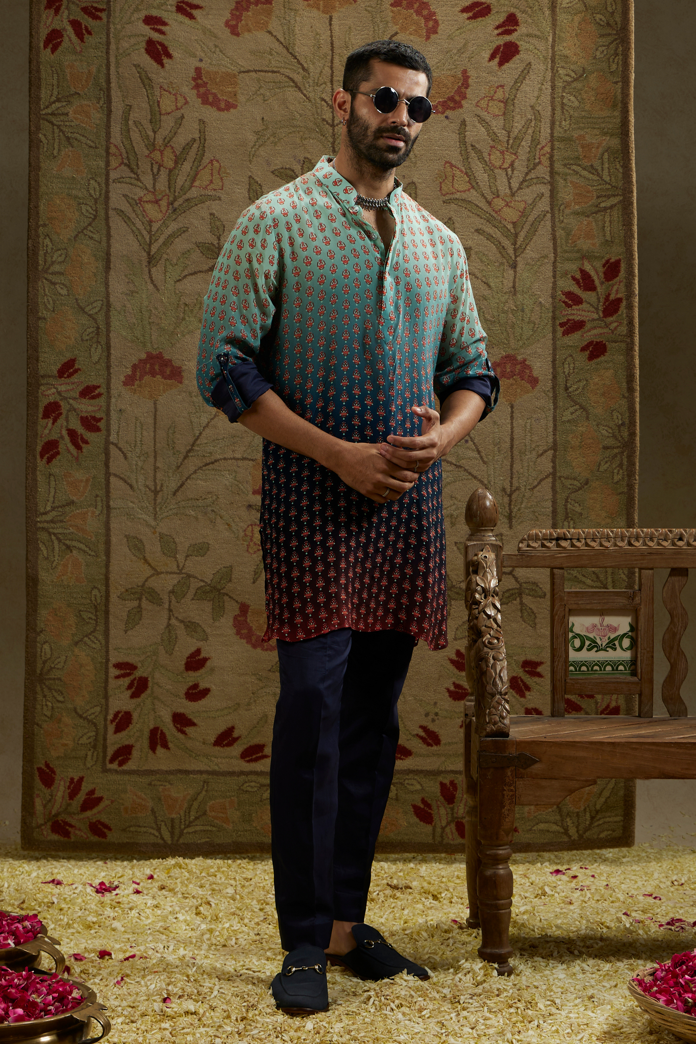 SVA Menswear Blue Red Ombre Print Rolled Up Sleeves Melange Singapore Onloine Shopping Indian Designer Wear