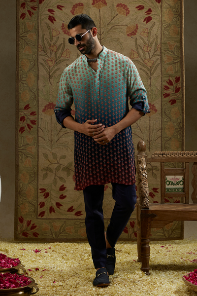 SVA Menswear Blue Red Ombre Print Rolled Up Sleeves Melange Singapore Onloine Shopping Indian Designer Wear