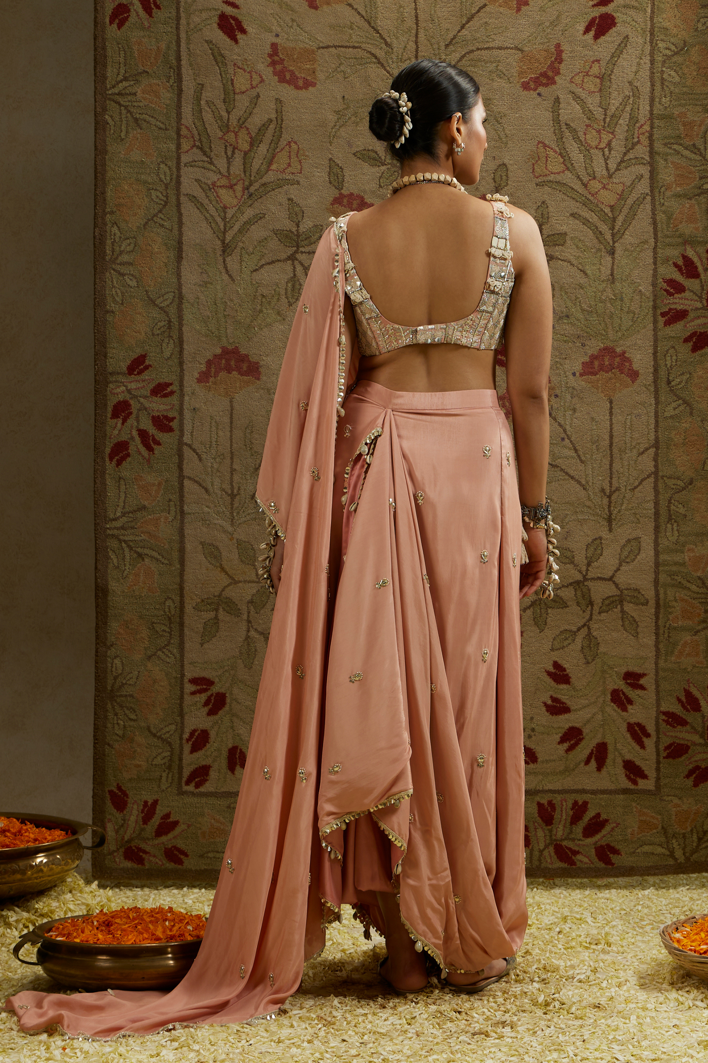 SVA Embellished Bustier Paired with Pink Embellished Saree Draped Skirt Online Shopping Indian Designer Wear Melange Singapore Womenswear